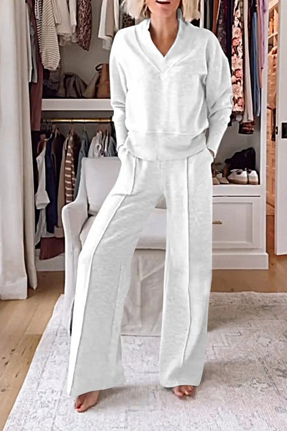 Women Lounge Set V Neck Wide Leg Pants Two Piece