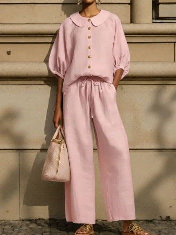 Women's Puff Sleeve Collared Shirt Wide Leg Pants Set