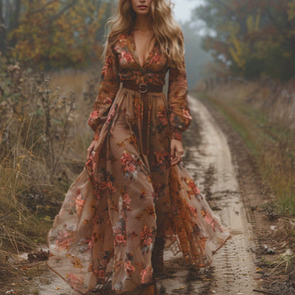 Boho Floral Long Sleeve V Neck Maxi Dress