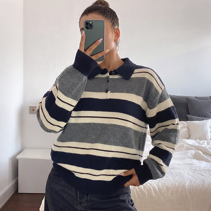 Contrast Striped Polo Collar Relaxed Knit Sweater