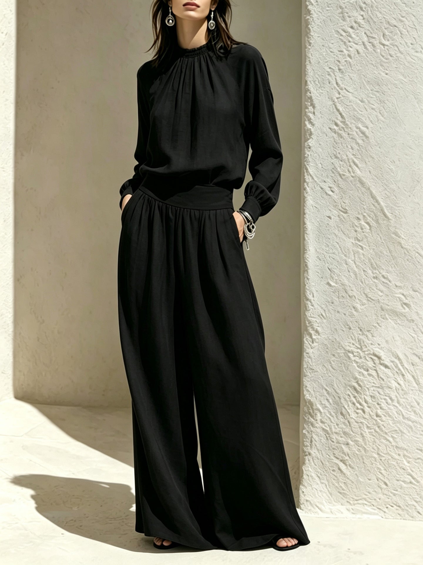 Women's Mock Neck Blouse Wide Leg Pants Matching Set