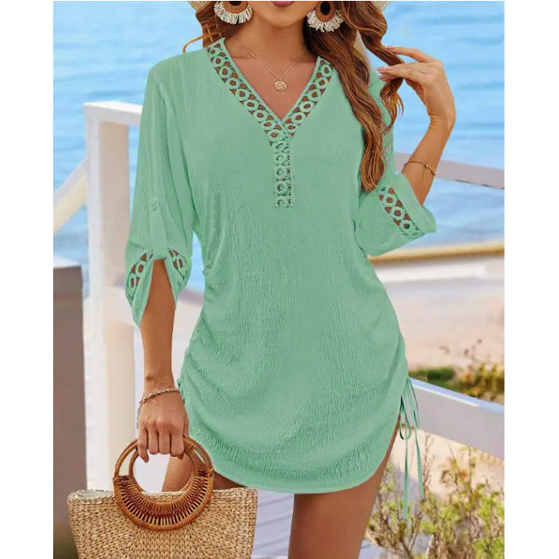 Women's V Neck Crochet Swim Cover Up Drawstring Beach Dress