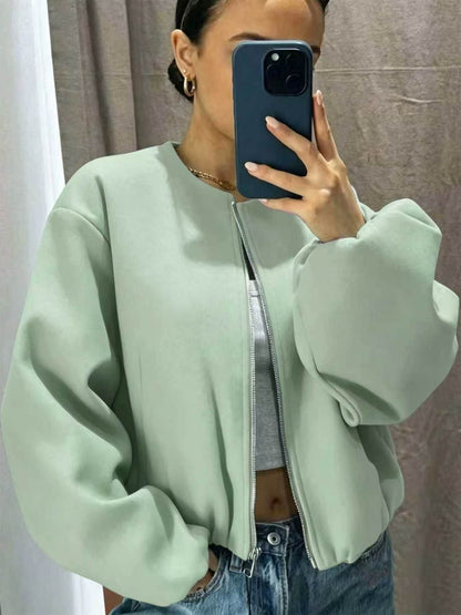 Women's Zip Up Bomber Jacket Lantern Sleeve Streetwear
