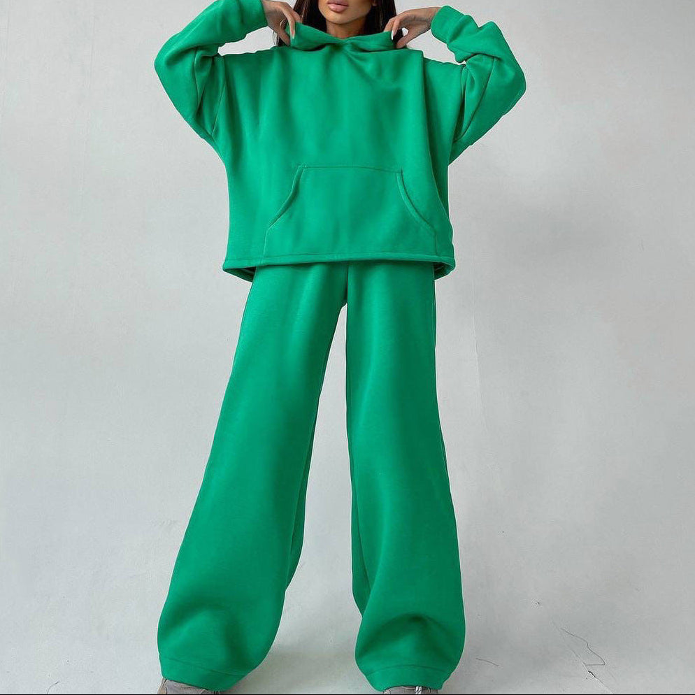 Women's Fleece Hoodie Wide Leg Pants Matching Set