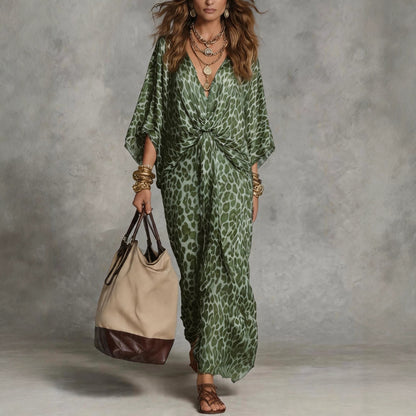 Leopard Print V-Neck Maxi Dress Batwing Sleeve Twist Front