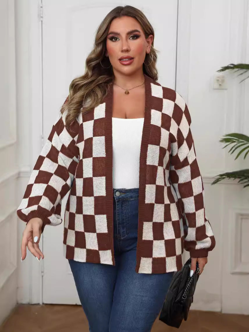 Women's Clothing Contrasting Color Splicing Checkerboard Loose Casual Cardigan Jacket