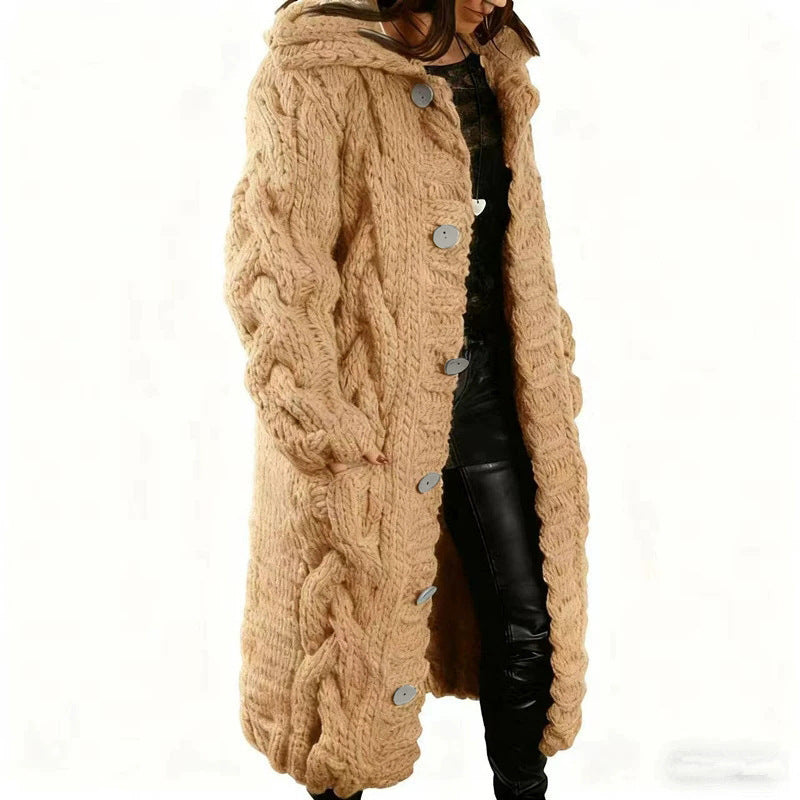 Women's Chunky Cable Knit Hooded Long Cardigan Plus Size