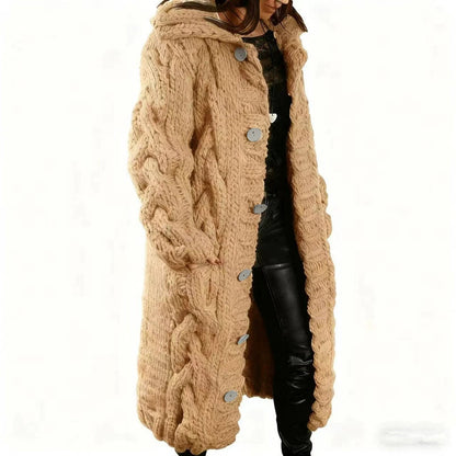 Women's Chunky Cable Knit Hooded Long Cardigan Plus Size