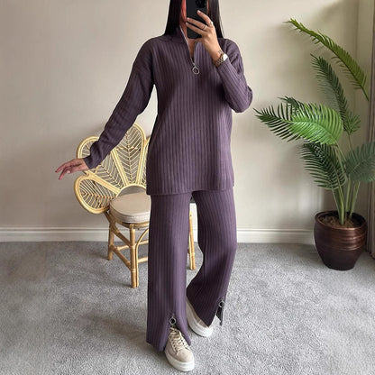 Women's Ribbed Half Zip Knit Lounge Set 2 Piece