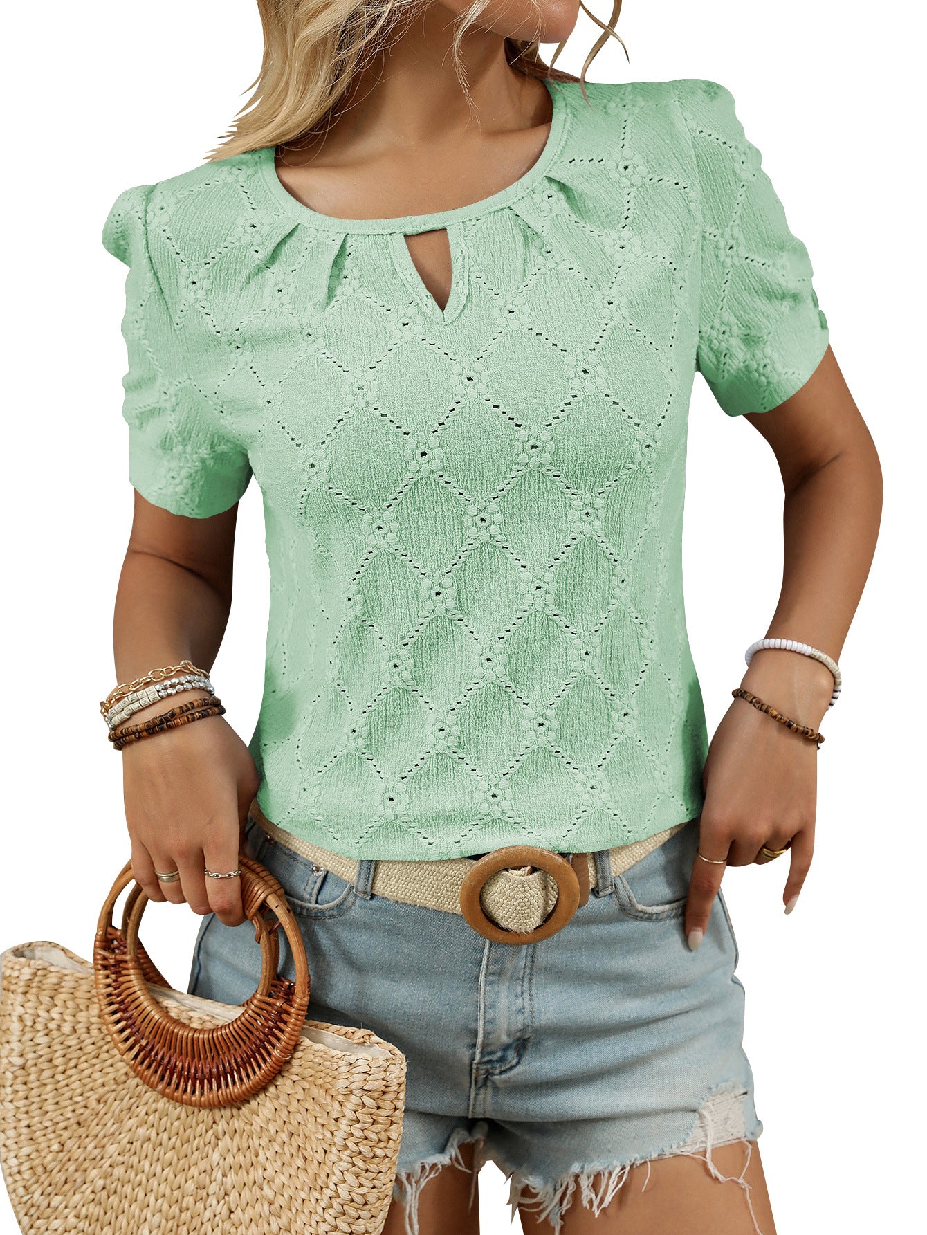 Light Blue Textured Knit Short Sleeve Button Neck Top