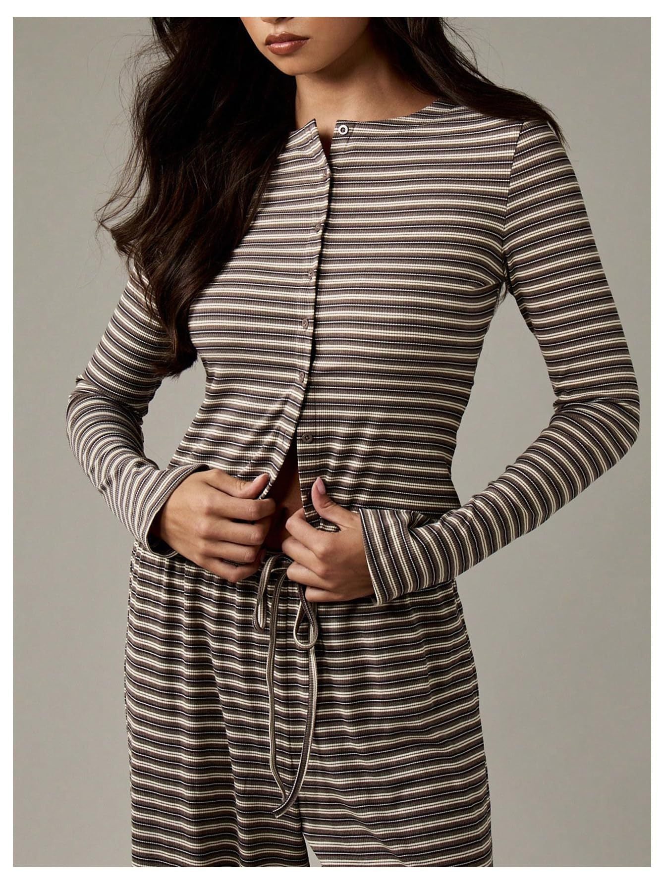 Striped Long Sleeve Top & Wide Leg Pants Two Piece Set