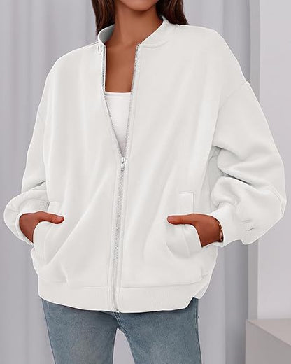 Women's Oversized Zip Up Bomber Jacket Lantern Sleeve