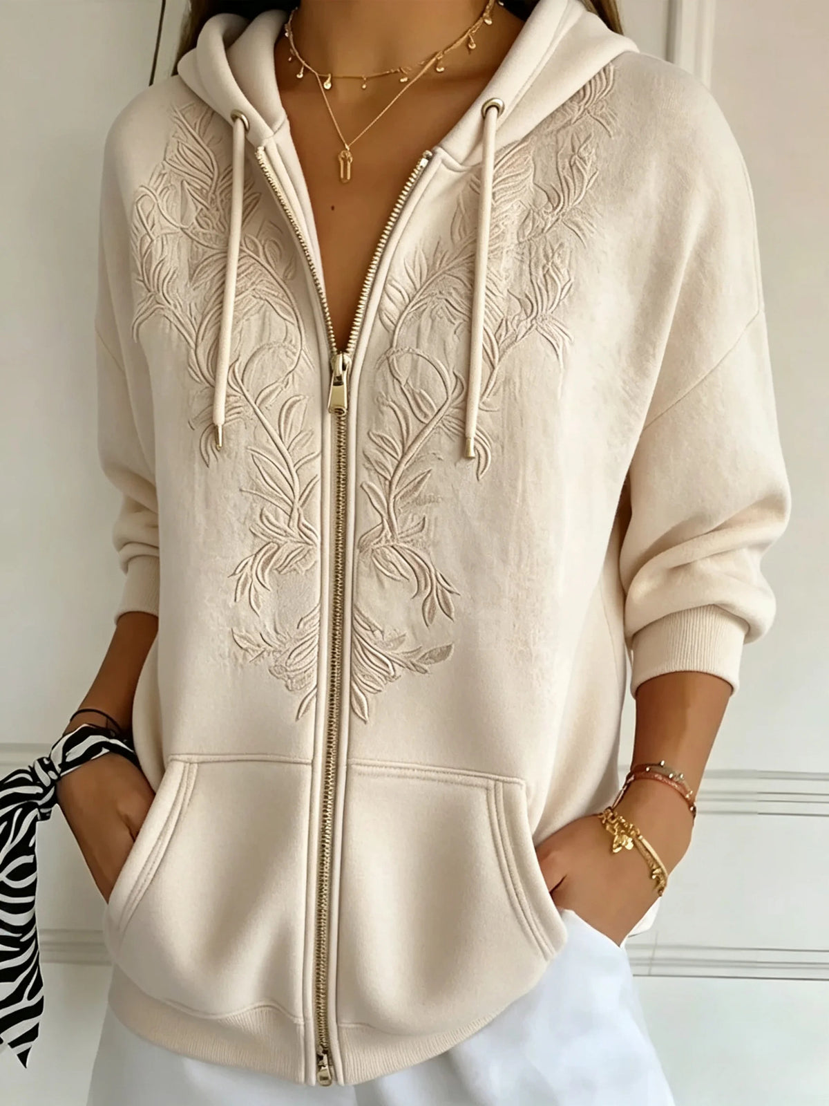 Women's Floral Embroidered Zip Up Hoodie Vintage Casual