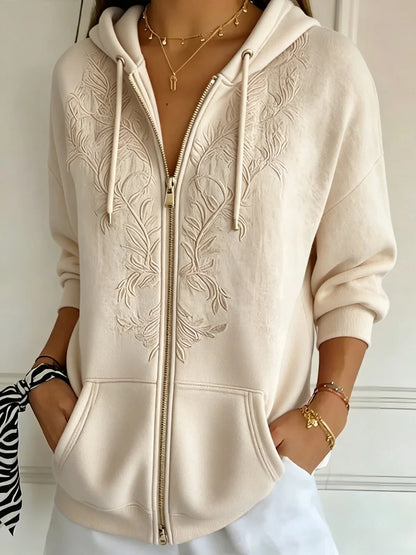 Women's Floral Embroidered Zip Up Hoodie Vintage Casual