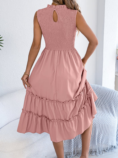 Smocked Sleeveless Midi Dress Tiered Ruffle Summer