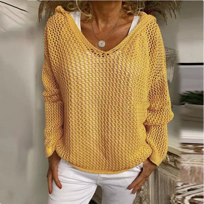 Oversized Hooded Open Knit Sweater V-Neck Pullover