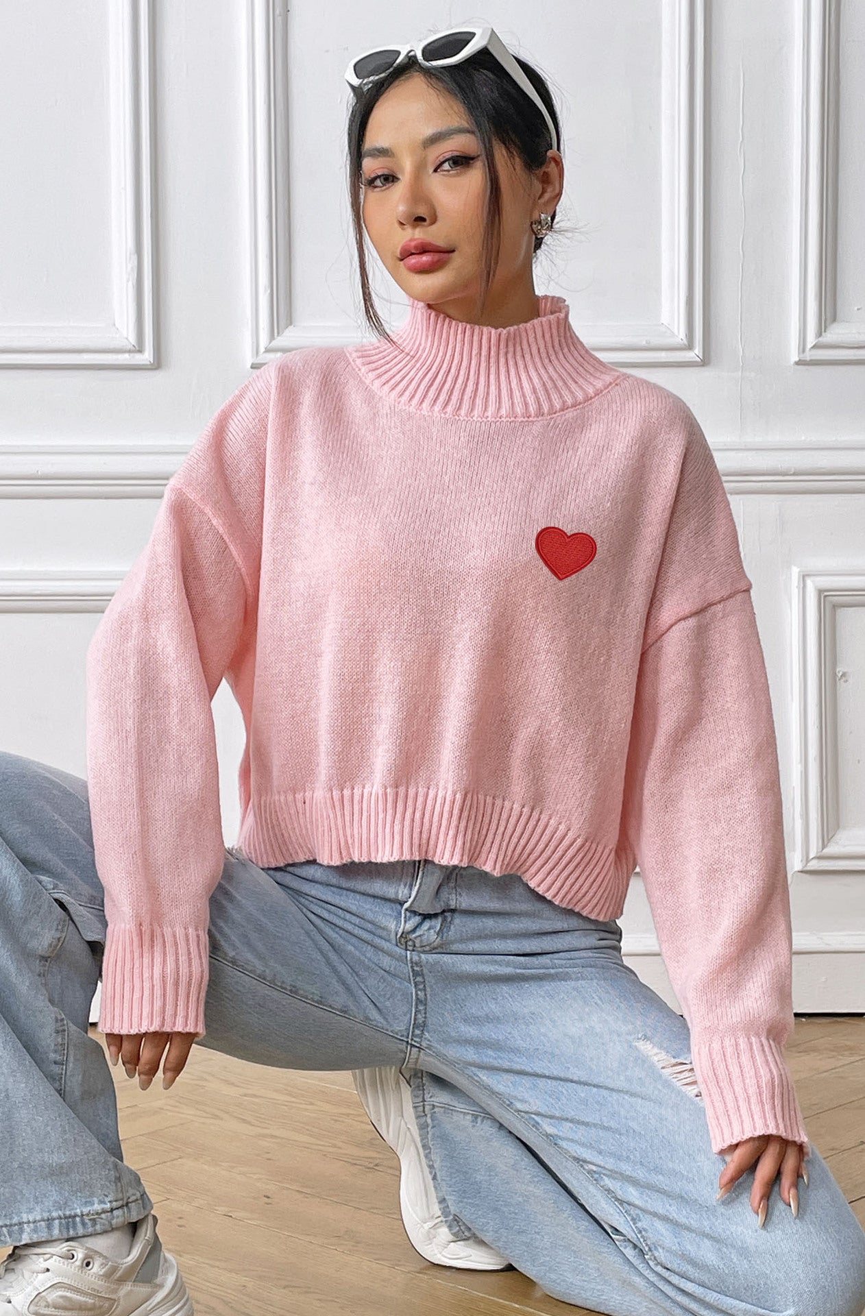 Women's Turtleneck Short Love Sticker Casual Bottoming Shirt