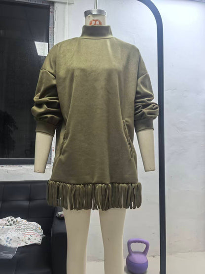 Oversized Mock Neck Suede Fringe Dress Pockets