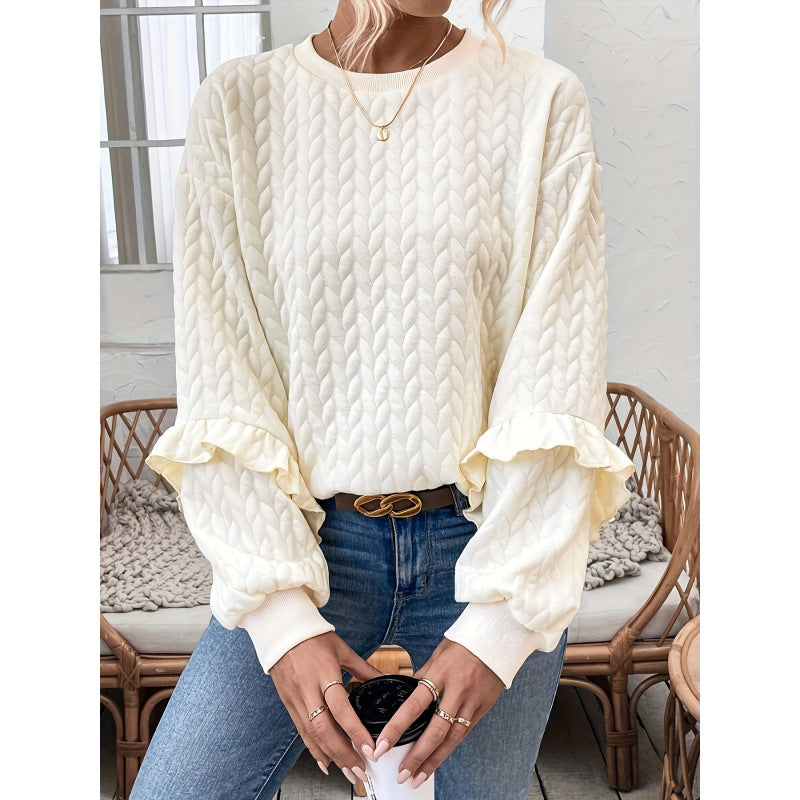 Textured Wheat Embossed Ruffle Sleeve Sweatshirt