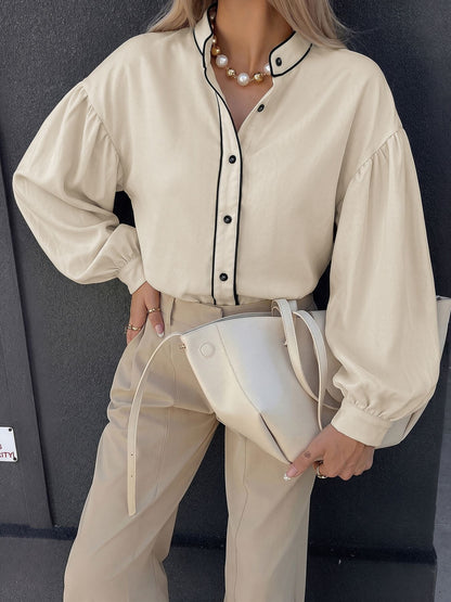 Contrast Trim Mandarin Collar Button Front Blouse