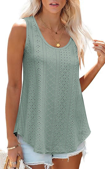 Eyelet Knit Tank Top Sleeveless Loose Fit Summer Top