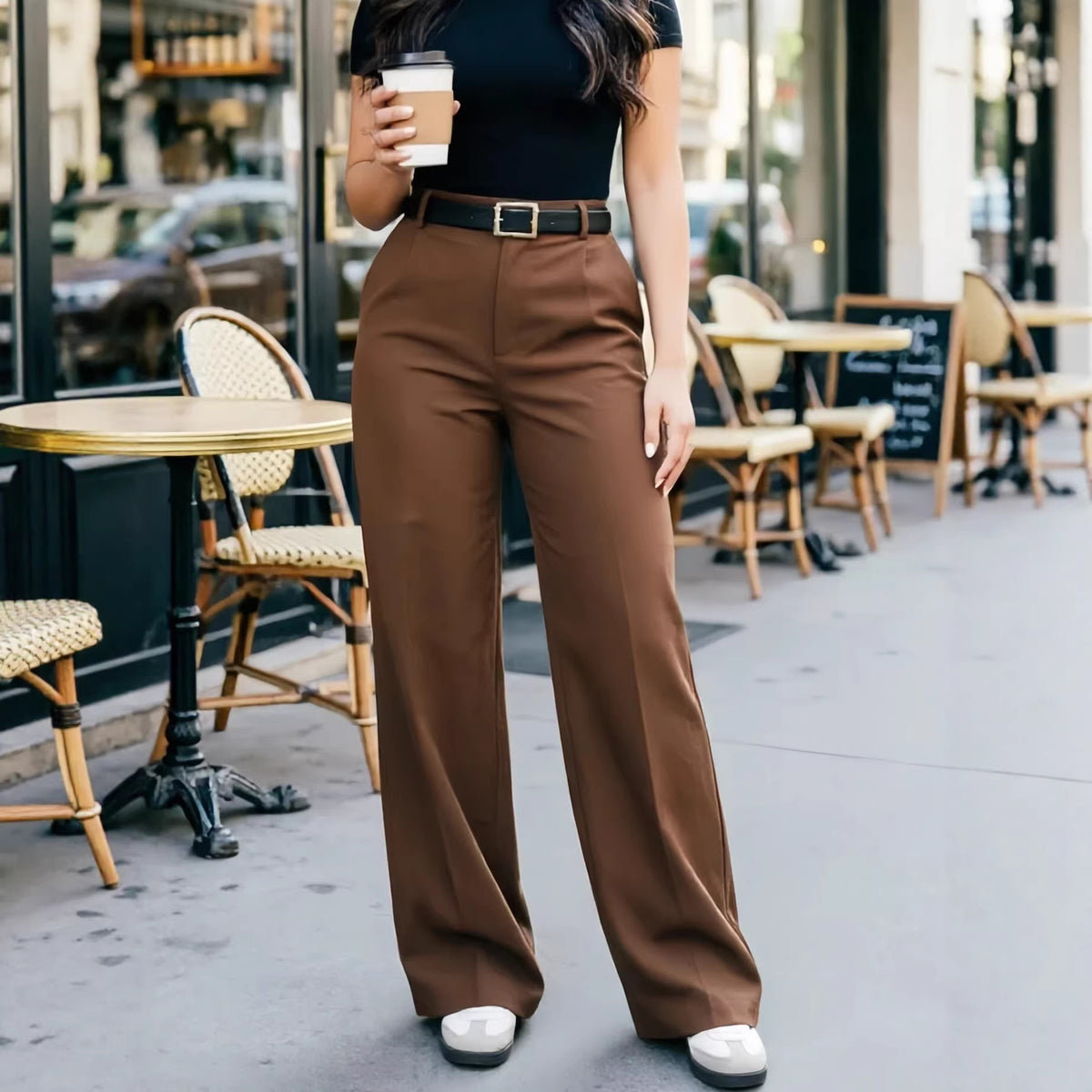 Women's Belted High Waist Wide Leg Dress Pants
