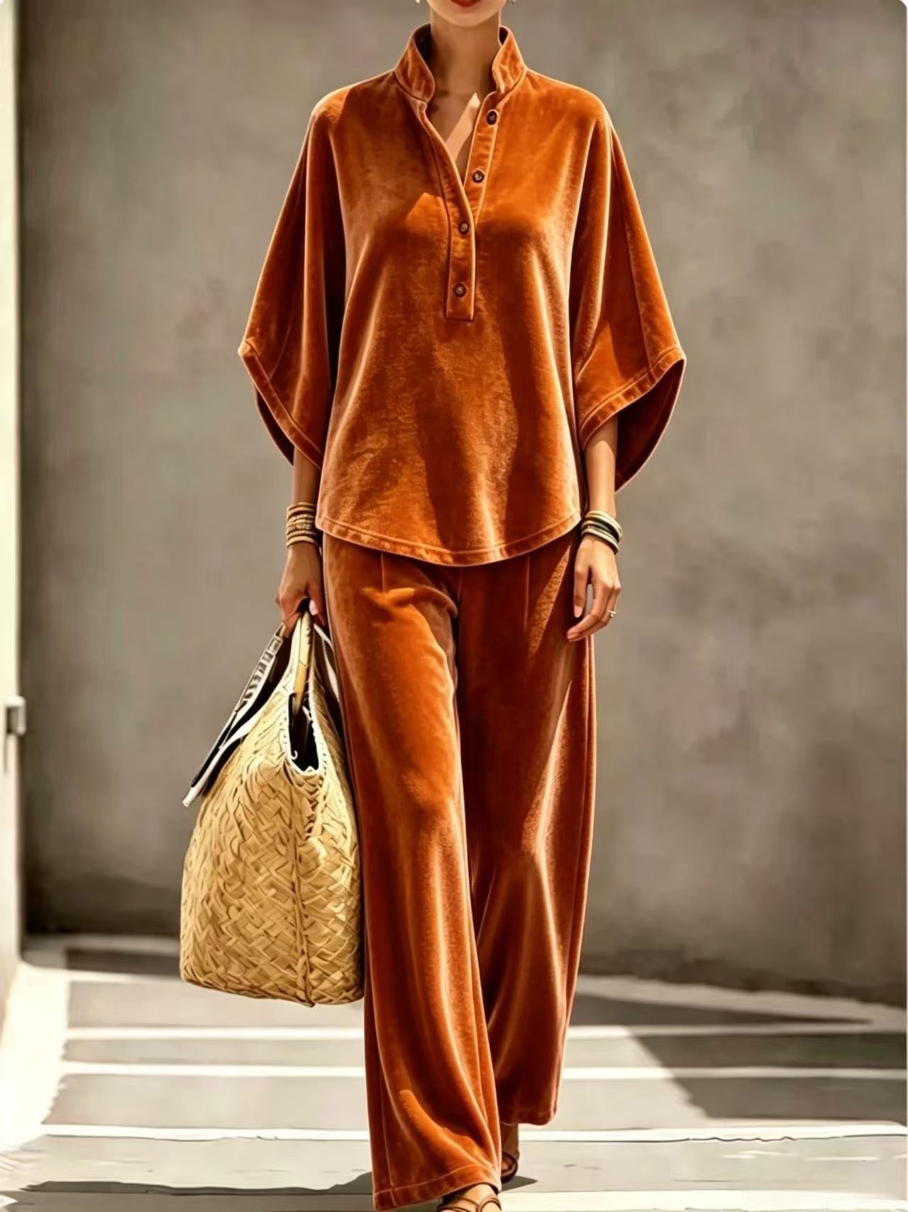 Women's Velvet Two Piece Set Oversized Wide Leg Pants