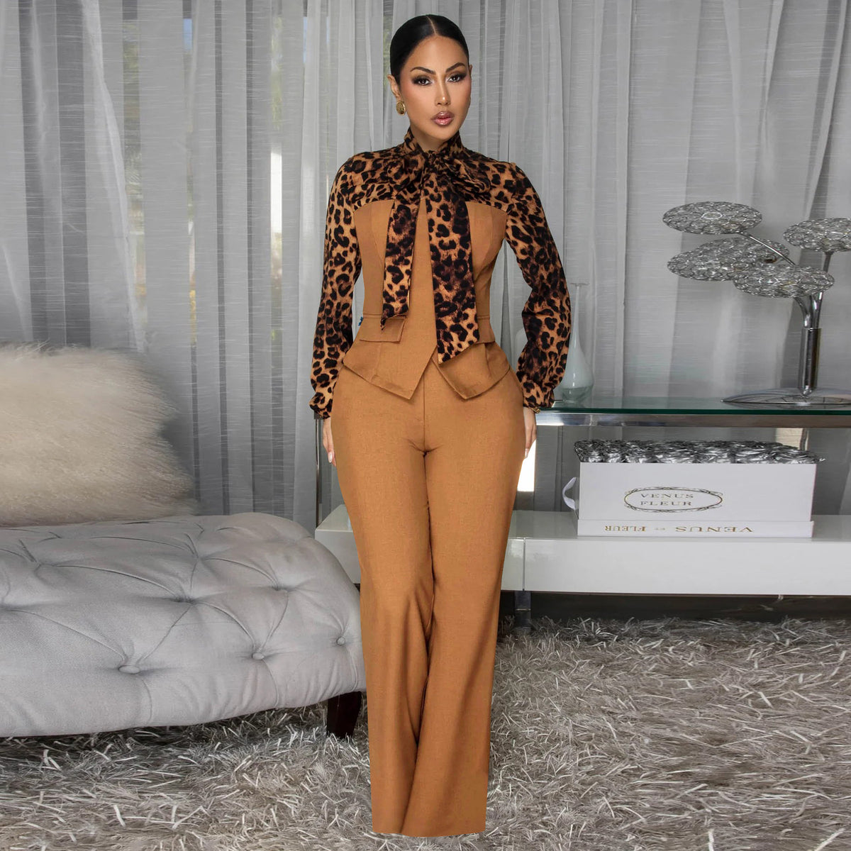 Leopard Print Tie Neck Blouse & Wide Leg Pants Set