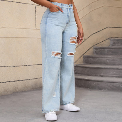 Ripped Denim Wide Leg Pants High Waist Casual Jeans