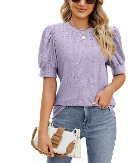 Sweet Puff Sleeve Shirt with Embroidered Cutouts
