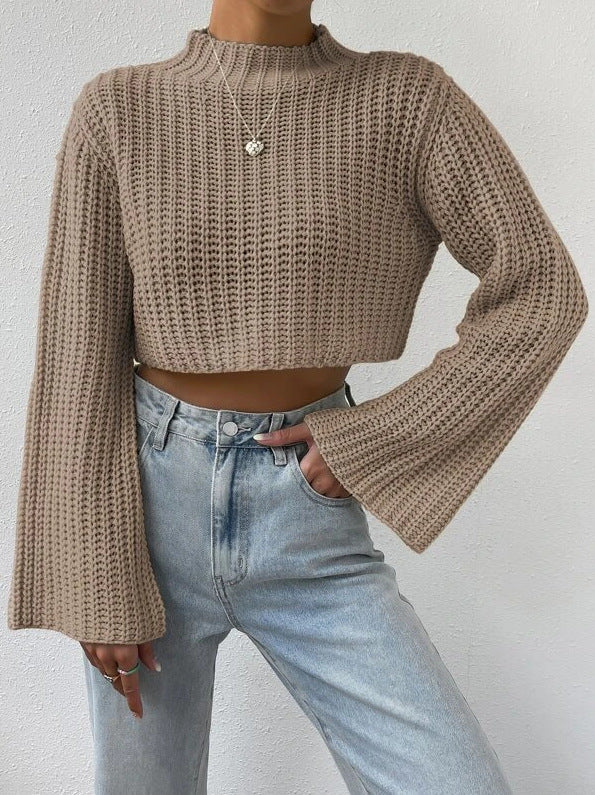 Cropped Mock Neck Bell Sleeve Chunky Knit Sweater