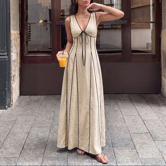 French Contrast Trim V Neck Tie Front Sleeveless Maxi Dress