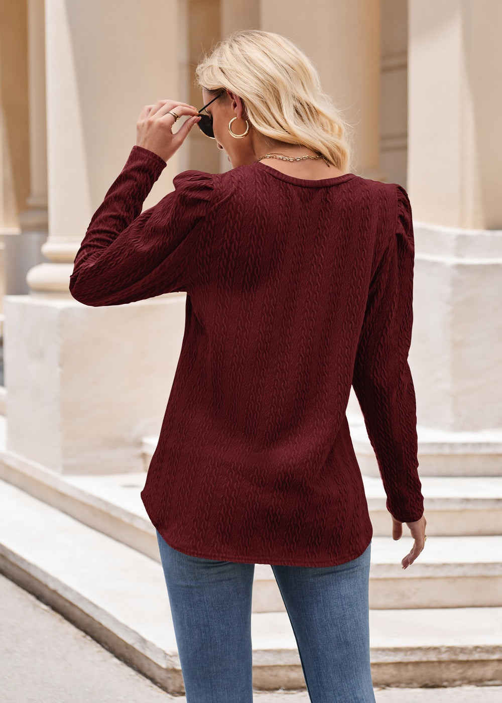 Burgundy Textured Knit Puff Sleeve Long Sleeve Top