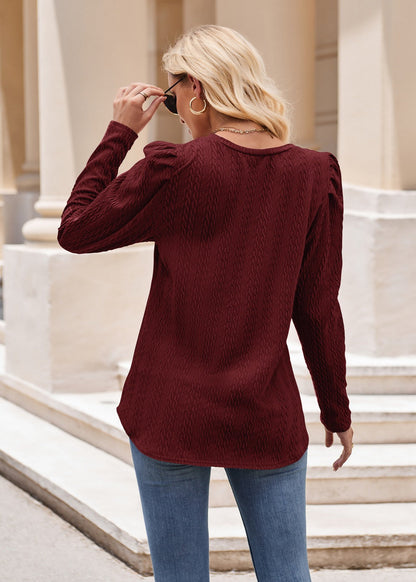 Burgundy Textured Knit Puff Sleeve Long Sleeve Top