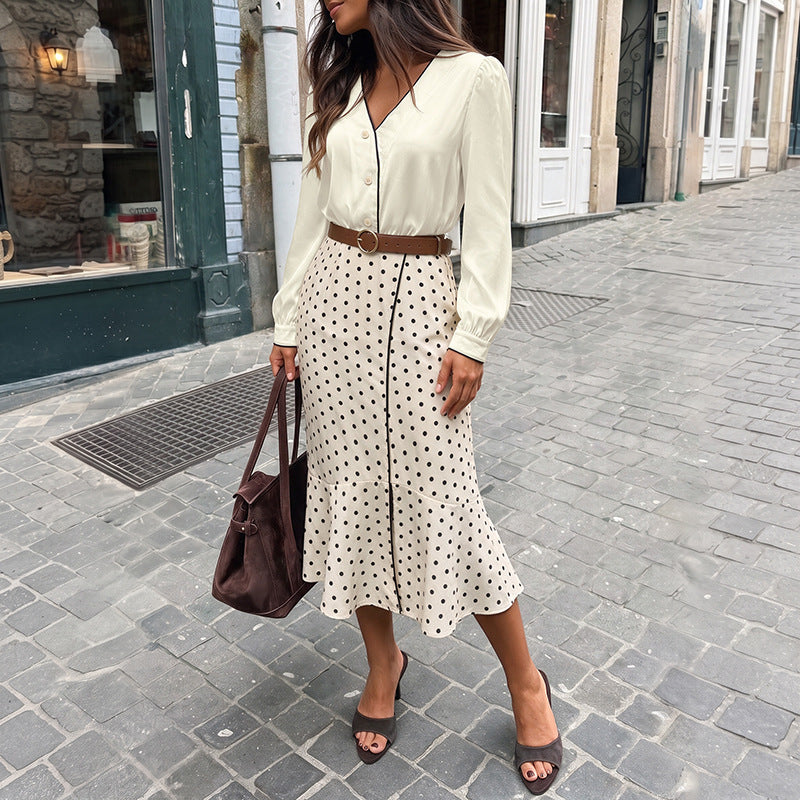 Women's Elegant Satin Blouse Polka Dot Midi Skirt Belted Set