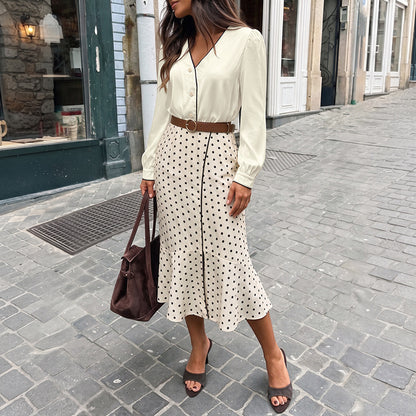 Women's Elegant Satin Blouse Polka Dot Midi Skirt Belted Set