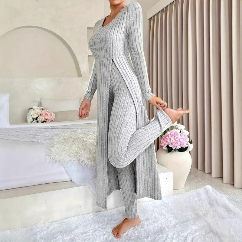 Women's Ribbed Knit Side Split Long Sleeve Two Piece Set