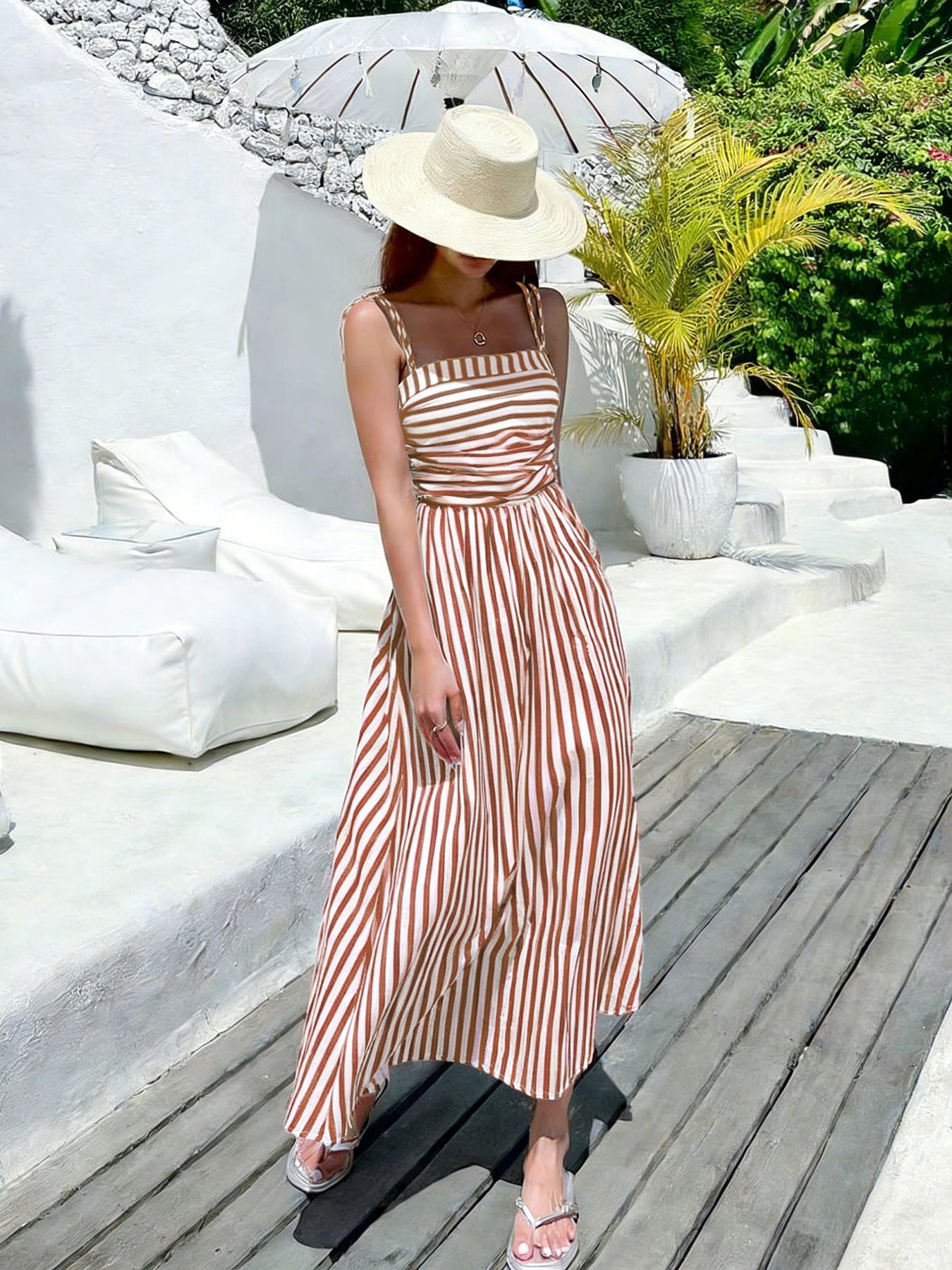 Striped Maxi Dress Smocked Spaghetti Strap Resort Dress