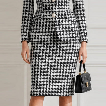 Elegant Houndstooth Blazer Midi Skirt 2 Piece Set