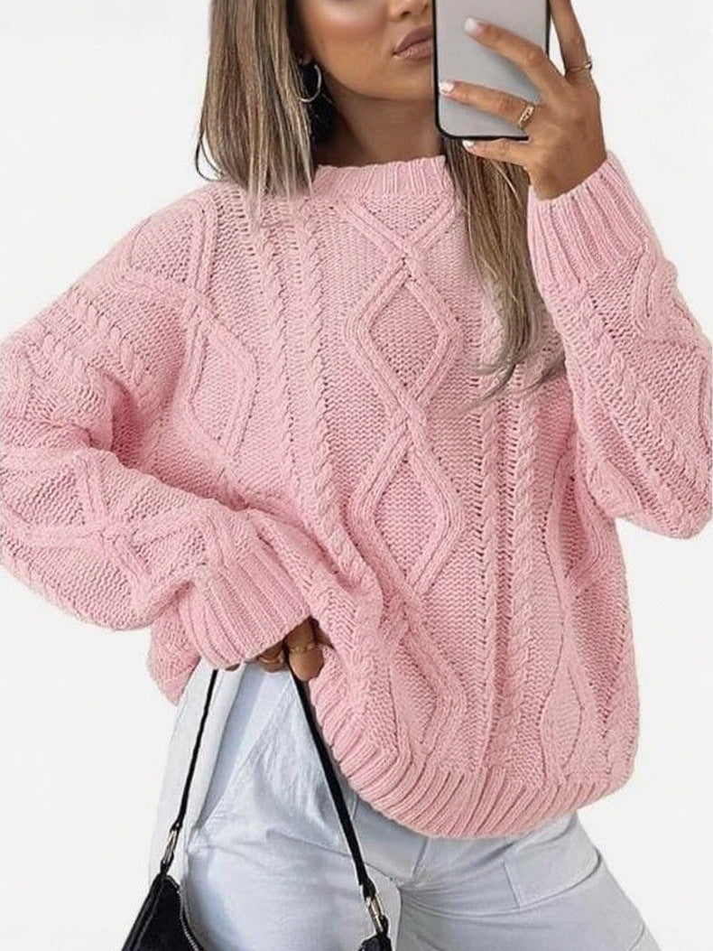Womens Oversized Cable Knit Crew Neck Pullover Sweater
