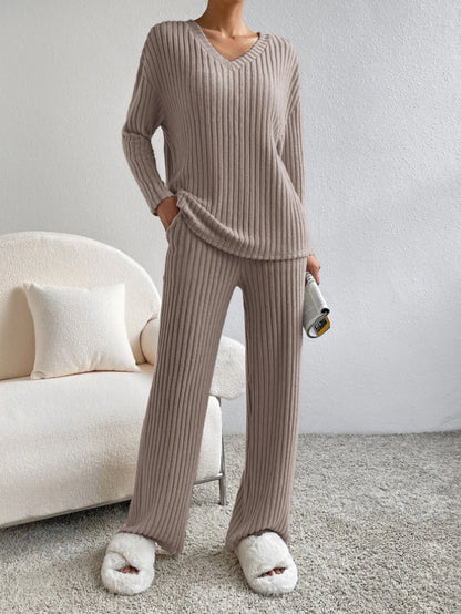 Women's Ribbed Knit V-Neck Two Piece Lounge Set