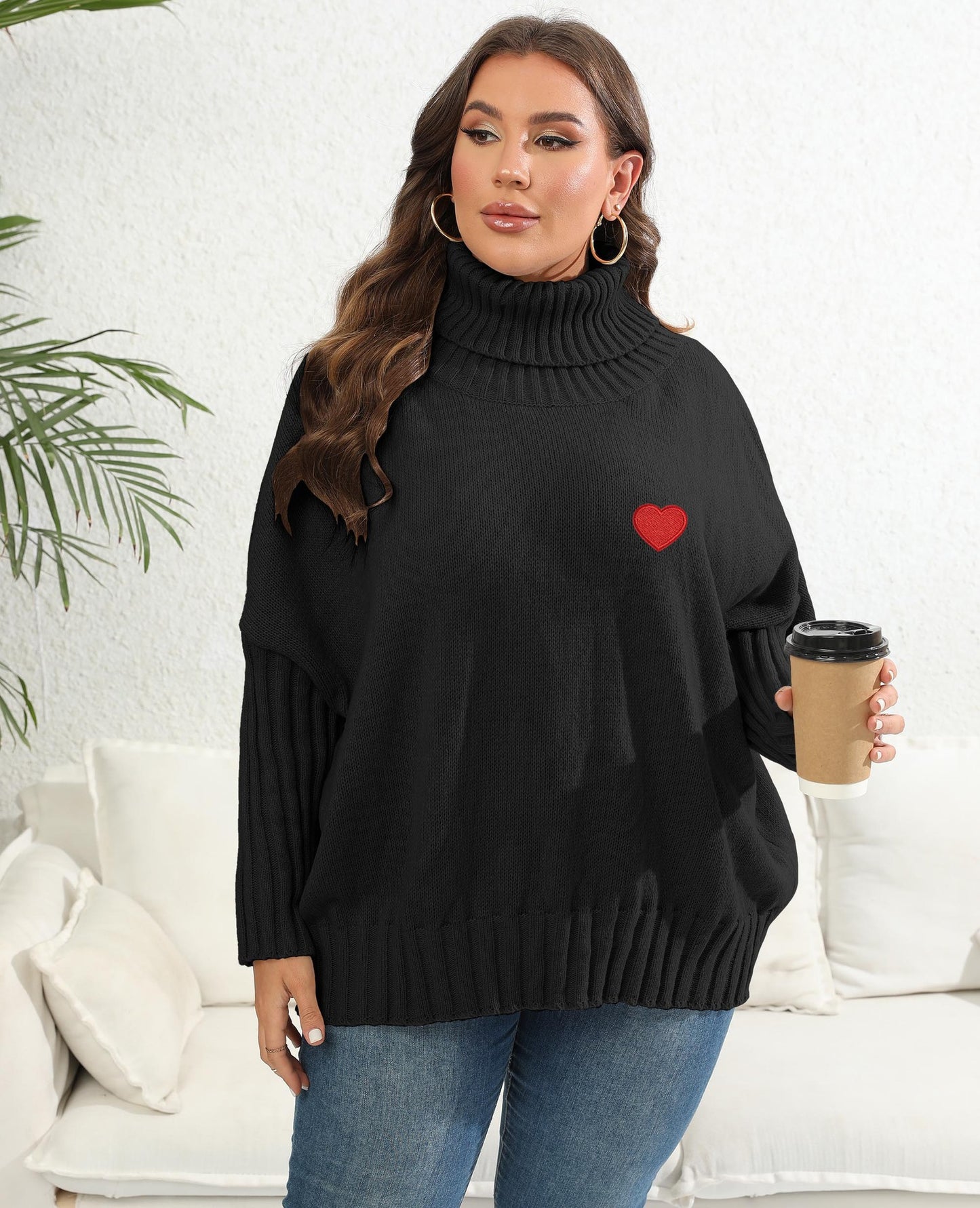 Women's Love Sticker Sweater Solid Color Turtleneck Loose Pullover