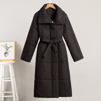 Women's Long Belted Quilted Coat Stand Collar Winter