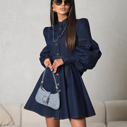 Denim Shirt Dress Women Puff Sleeve Belted