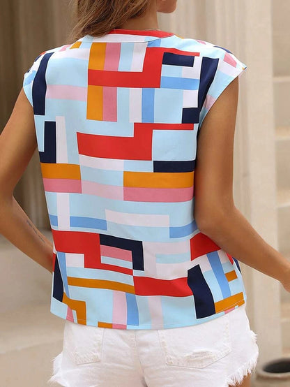 Geometric Print V-Neck Batwing Sleeve Blouse