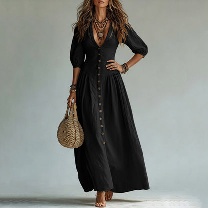 Cotton Button Down Maxi Dress Puff Sleeve V Neck Summer