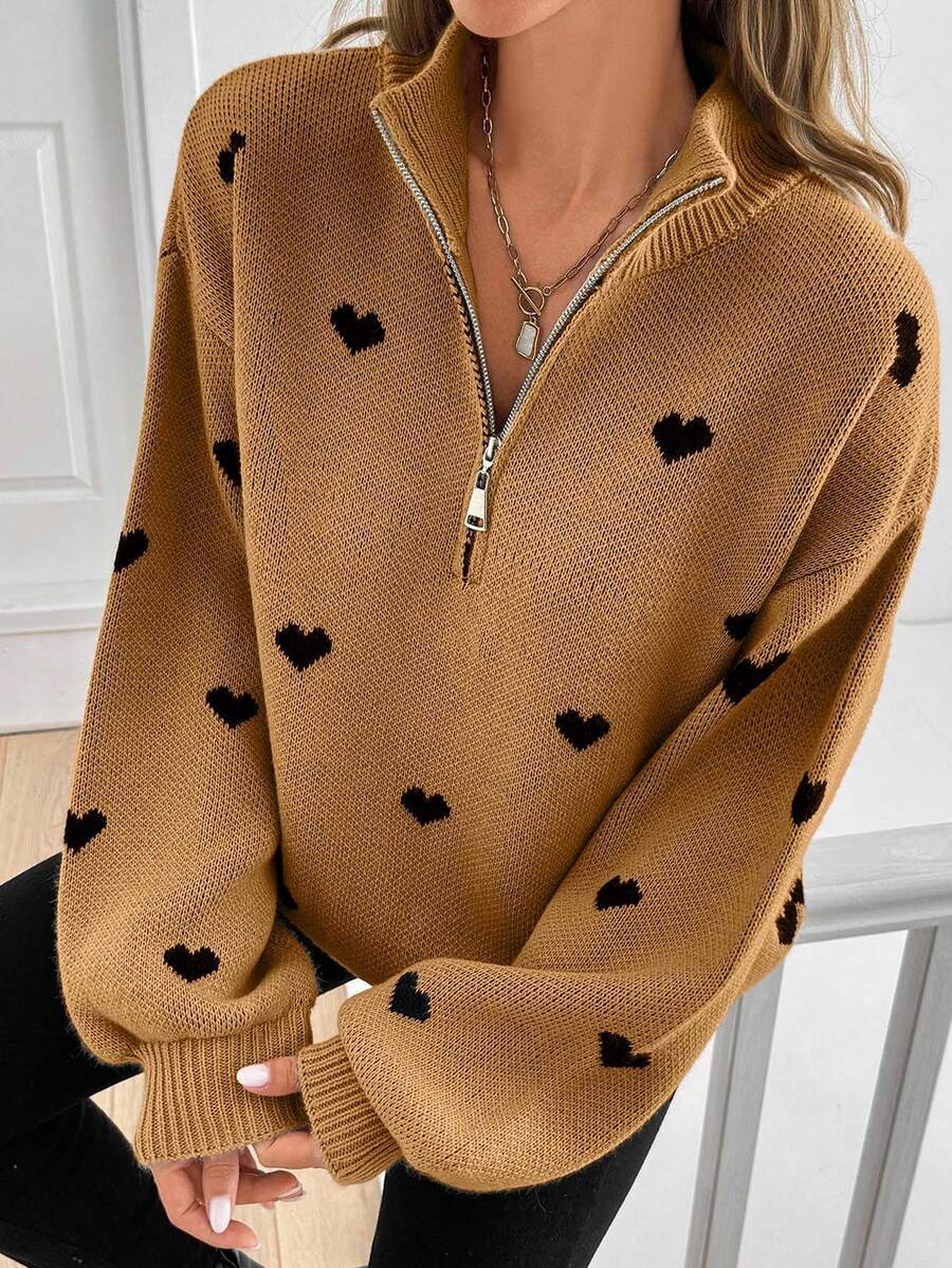 Women’s Heart Print Half Zip Wool Knit Sweater
