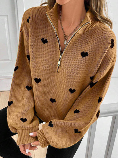 Women’s Heart Print Half Zip Wool Knit Sweater