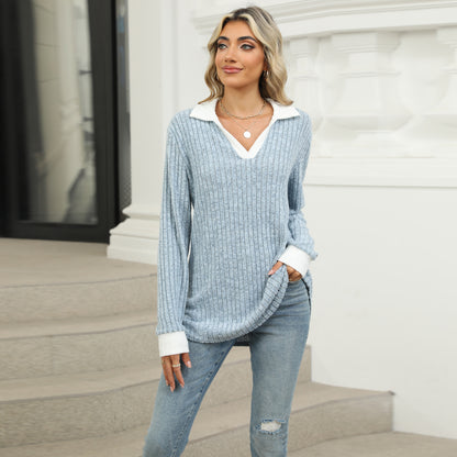 Women's Oversized Contrast Collar V Neck Long Sleeve Top