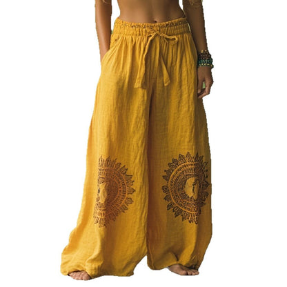 Women's Boho Wide Leg Pants Printed Drawstring Pockets